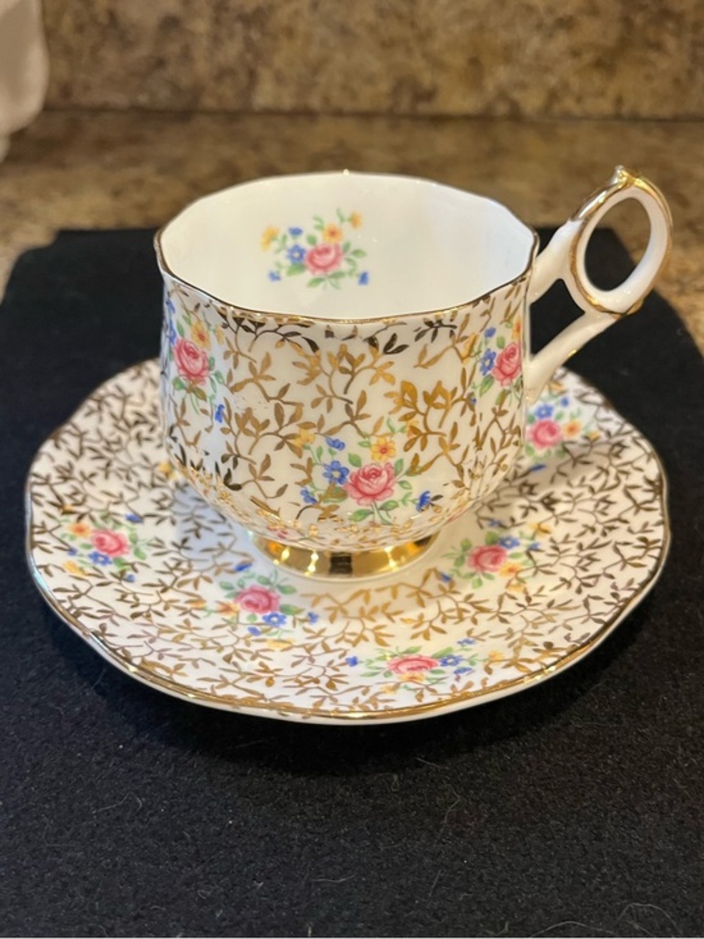 Vintage Elizabethan Dainty Floral and Gold Patterned Bone China Teacup & Saucer